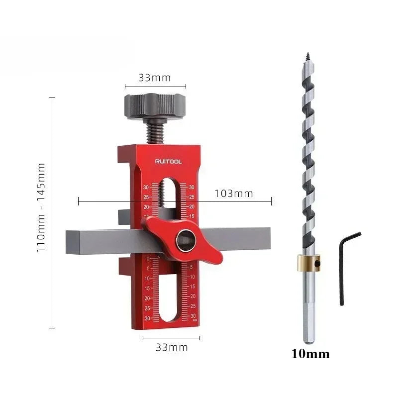 Red and gray dowel drilling jig with side bar guide and 10mm drill bit