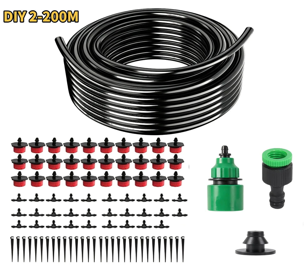 DIY 2–200m micro drip irrigation kit with black tubing, red drippers, stakes, and connectors