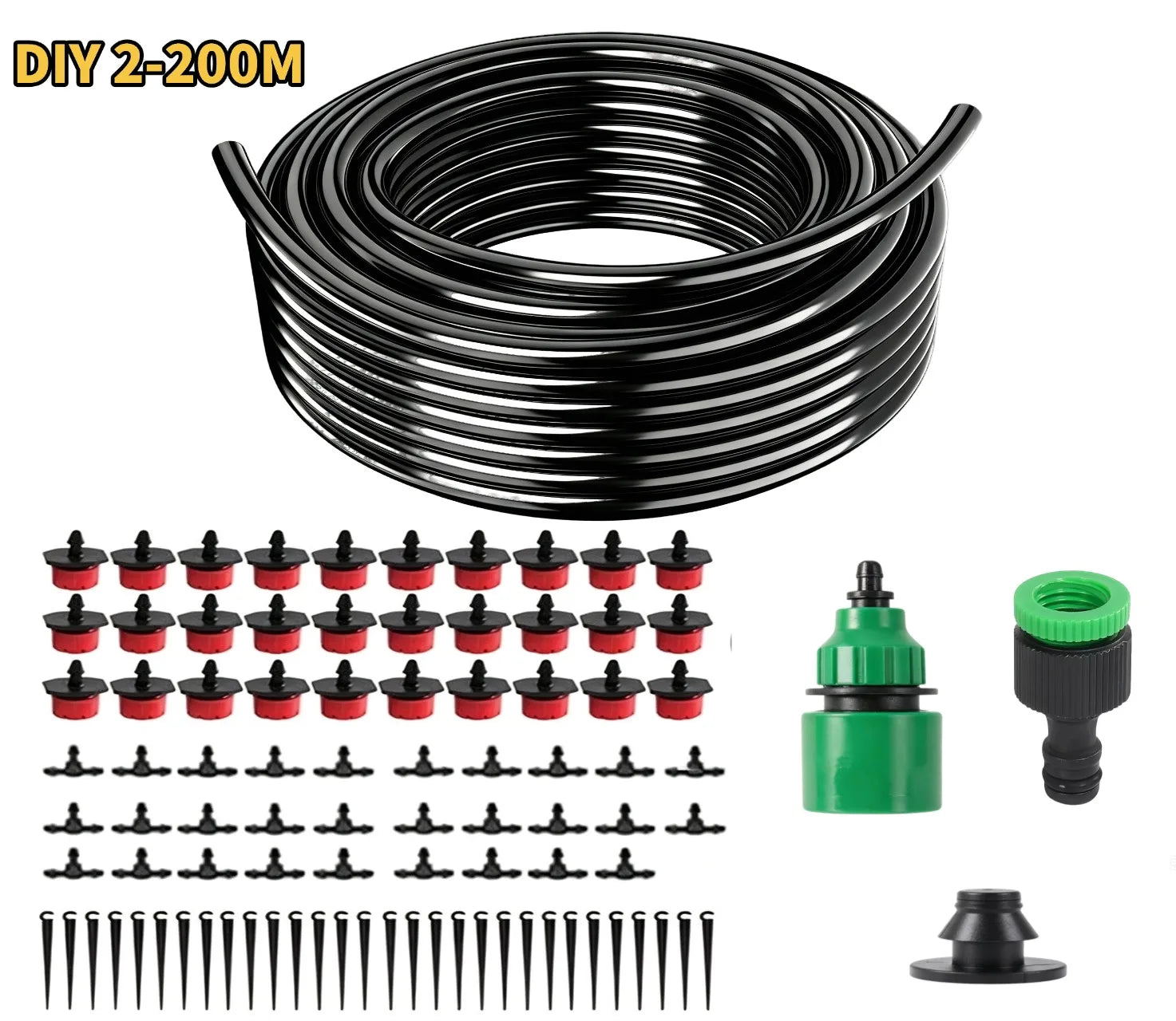 DIY 2–200m micro drip irrigation kit with black tubing, red drippers, stakes, and connectors