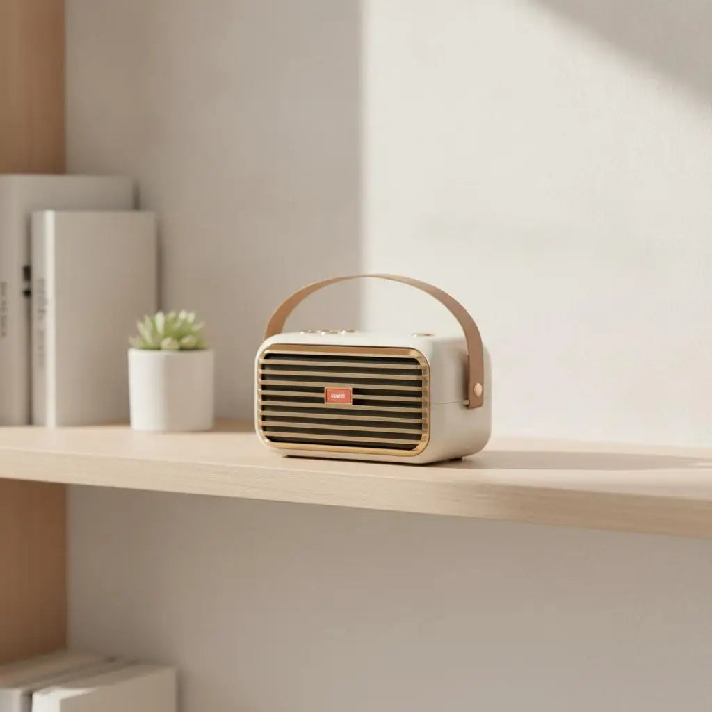 Portable Bluetooth speaker, green on a shelf with brown handle and striped front grille.