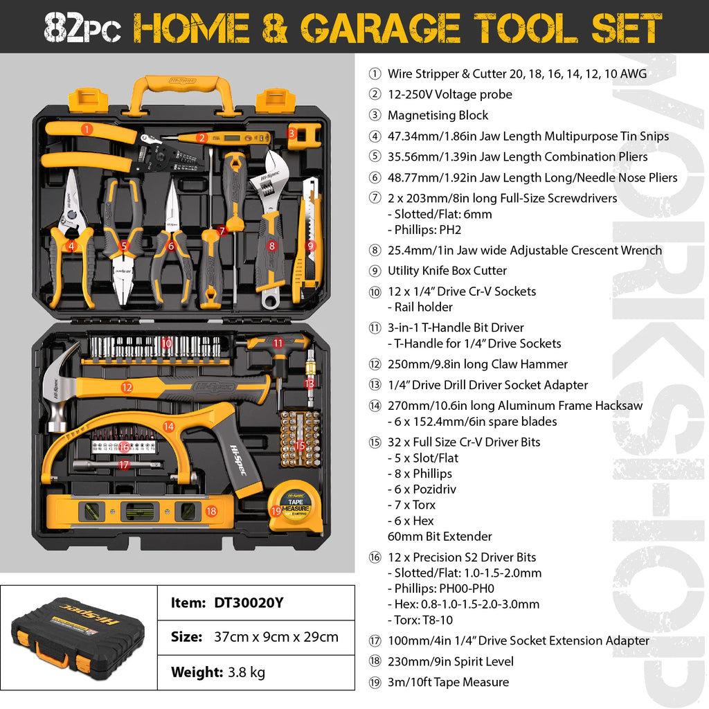 Hi-Spec 82 Pieces Household Tool Kit Set Workshop Hardware Daily Hand Tool Sets for Home Repair in Plastic Tool Box Storage Case