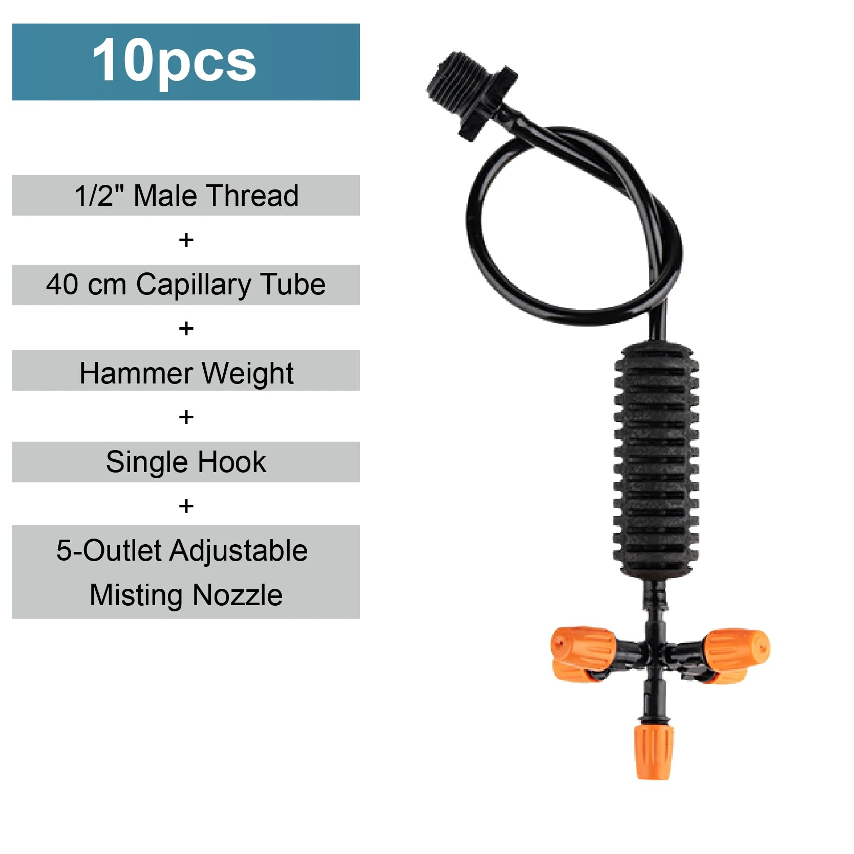 Garden hanging mist sprayer nozzle with black tube and five adjustable orange outlets