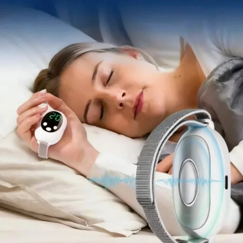 Woman holding handheld microcurrent sleep aid device with digital display for insomnia and anxiety relief.