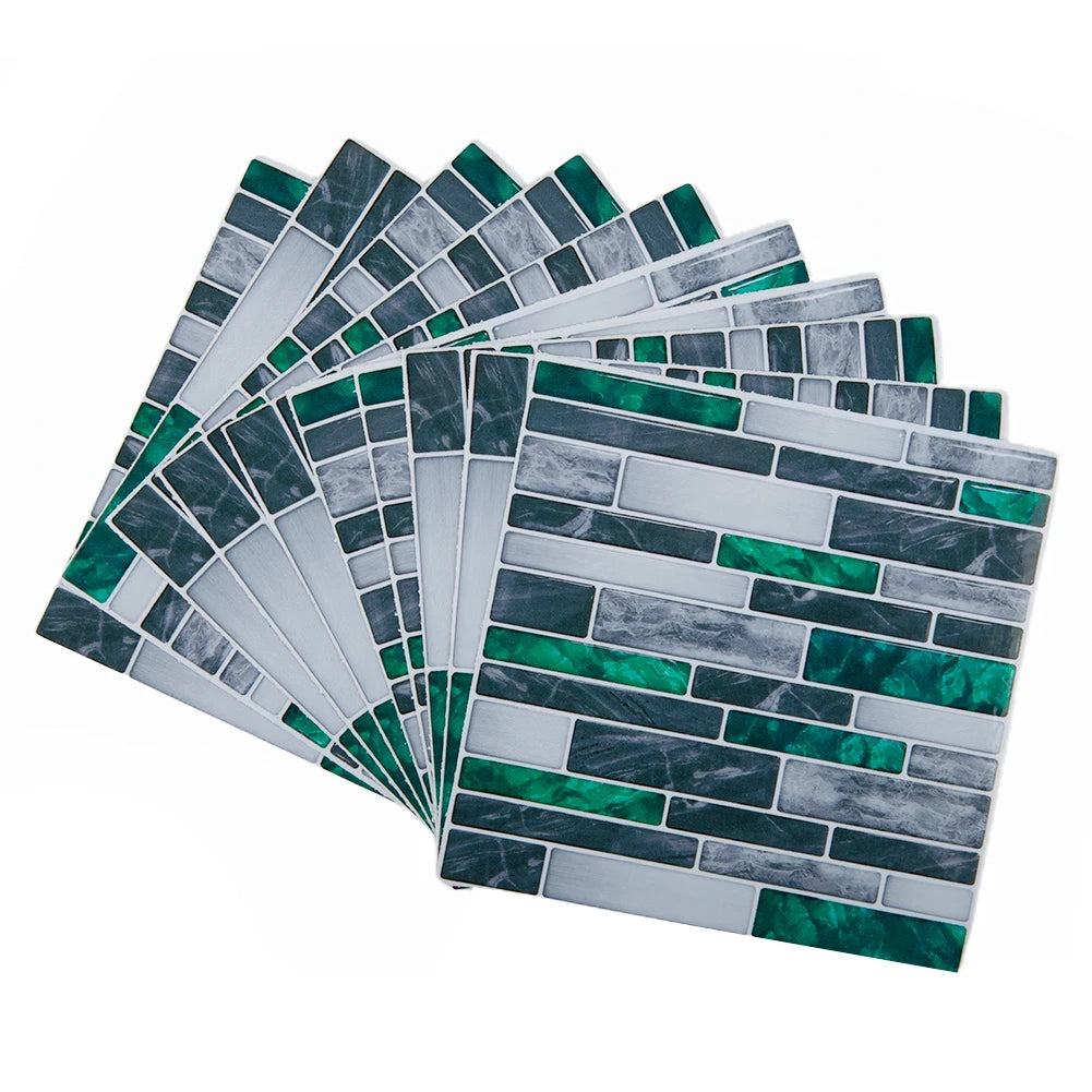 Self-adhesive 3D mosaic tile sticker set, gray and teal green brick pattern, 10 sheets