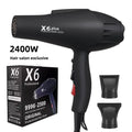 Matte black X6 professional 2400W hair dryer with two concentrator nozzle attachments and retail product box.