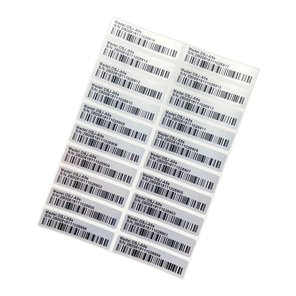 100 matte silver PET barcode labels, 40x10mm. Durable, fade-resistant pre-printed stickers for pet product packaging.