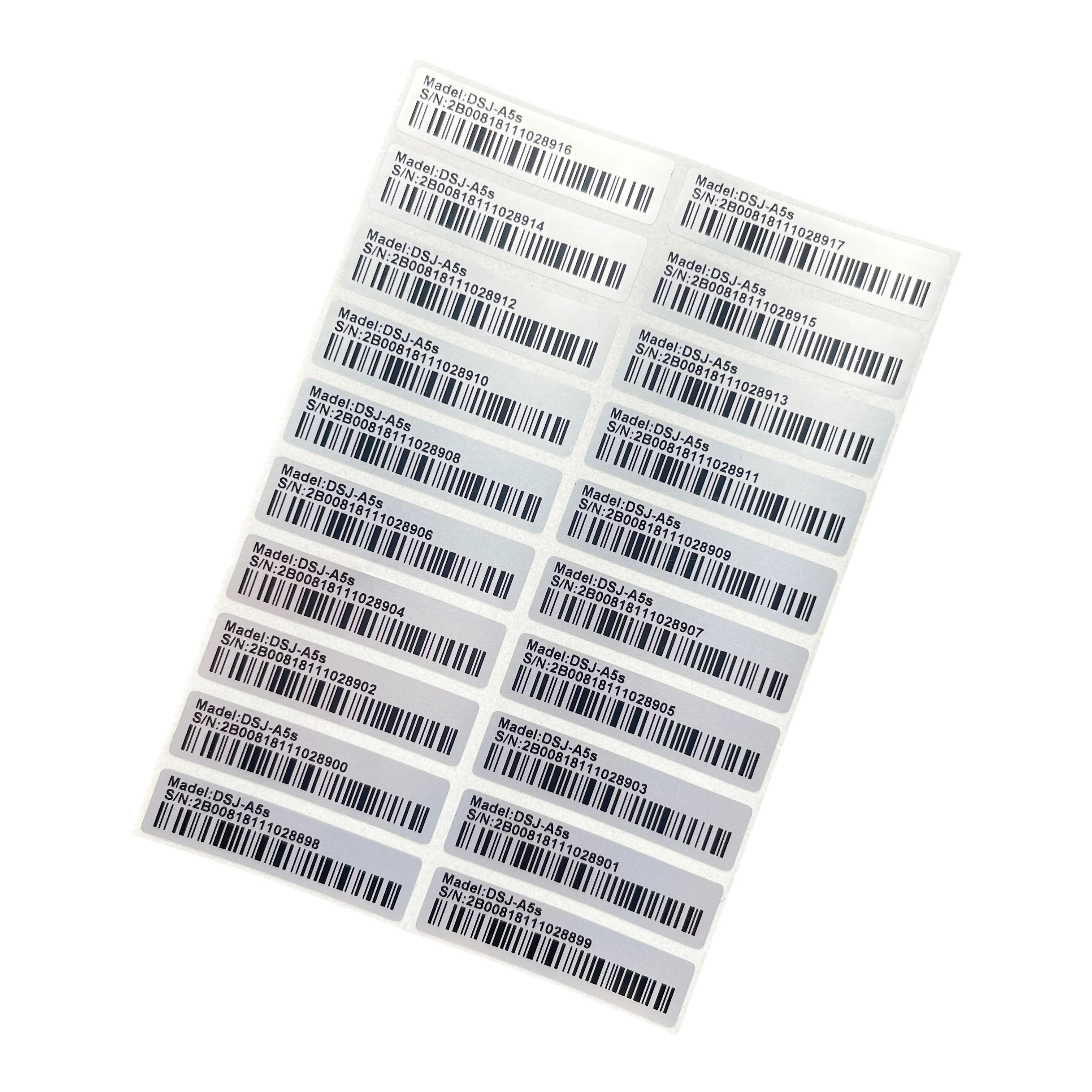 100 matte silver PET barcode labels, 40x10mm. Durable, fade-resistant pre-printed stickers for pet product packaging.