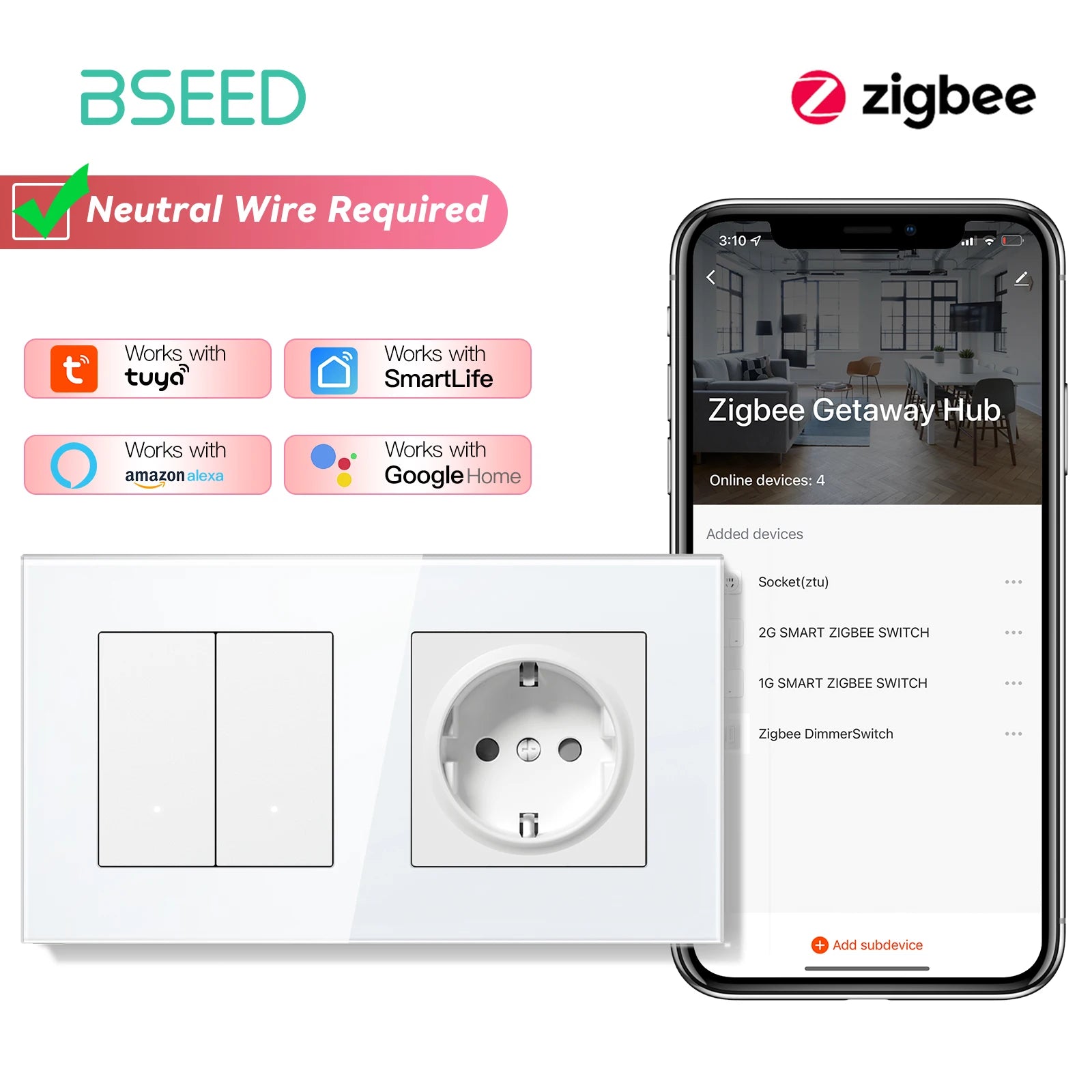 Zigbee Smart Light Switch Glass Panel - App-Controlled Automation Zigbee 2G Socket Sockets No Zigbee Tidesmit
