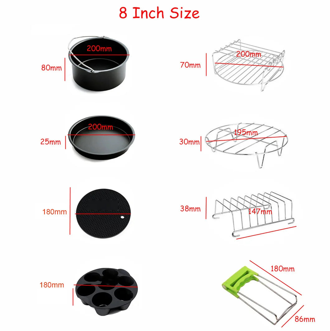 8-inch air fryer accessory size diagram for pan base, plate, and wire racks