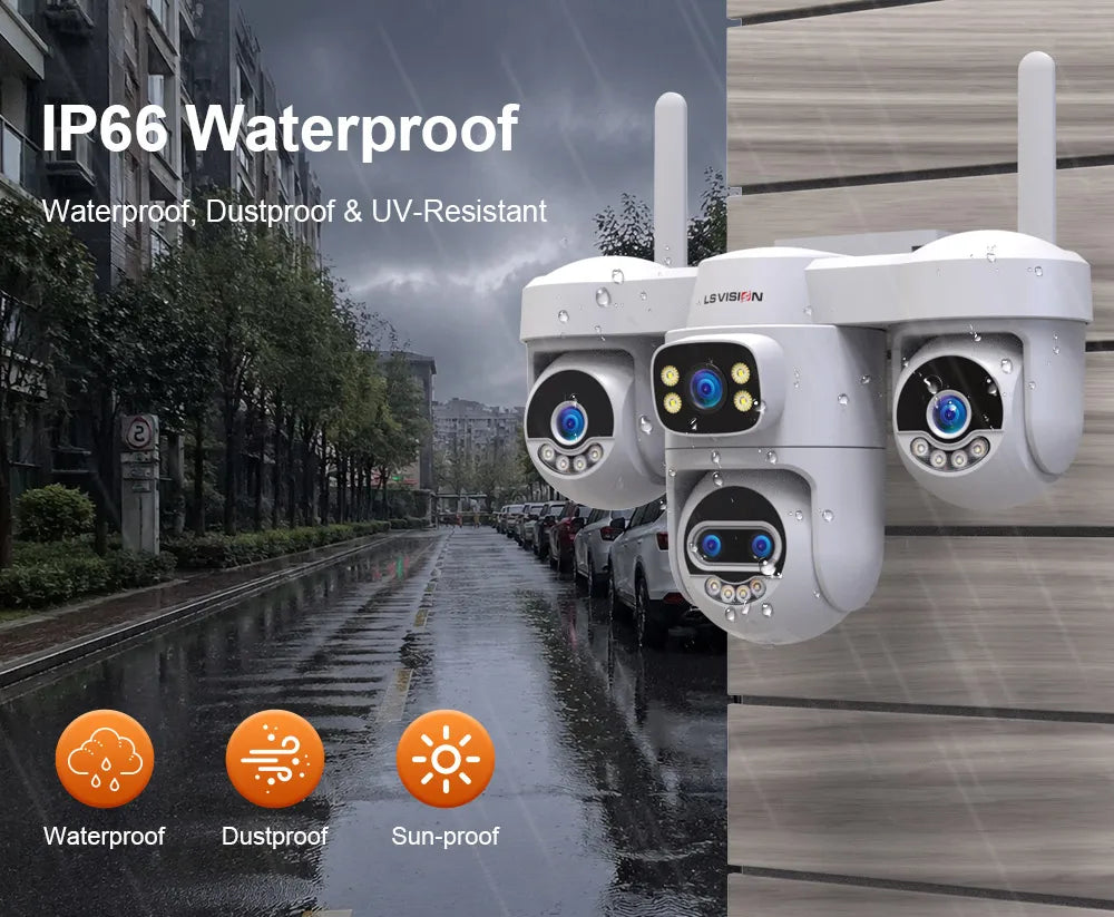 LS VISION 20MP 10X Zoom Three PTZ WiFi Security Camera Outdoor Four Screens 5-Lens Auto Tracking PC Client CCTV Cam Okam Pro App