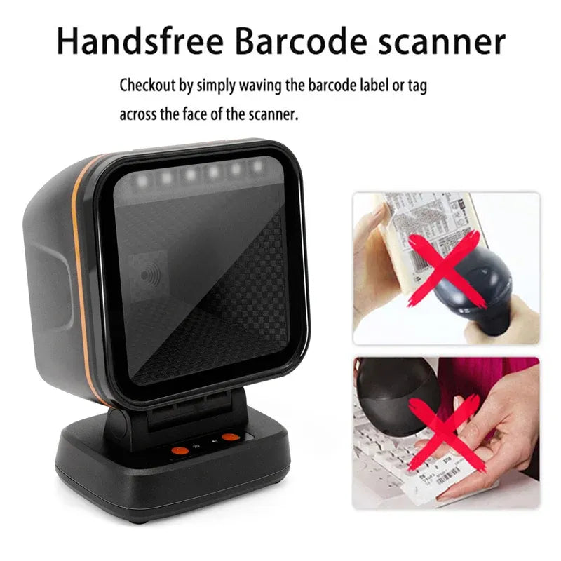 Hands-free barcode scanner with front window; barcode label positioned for scanning
