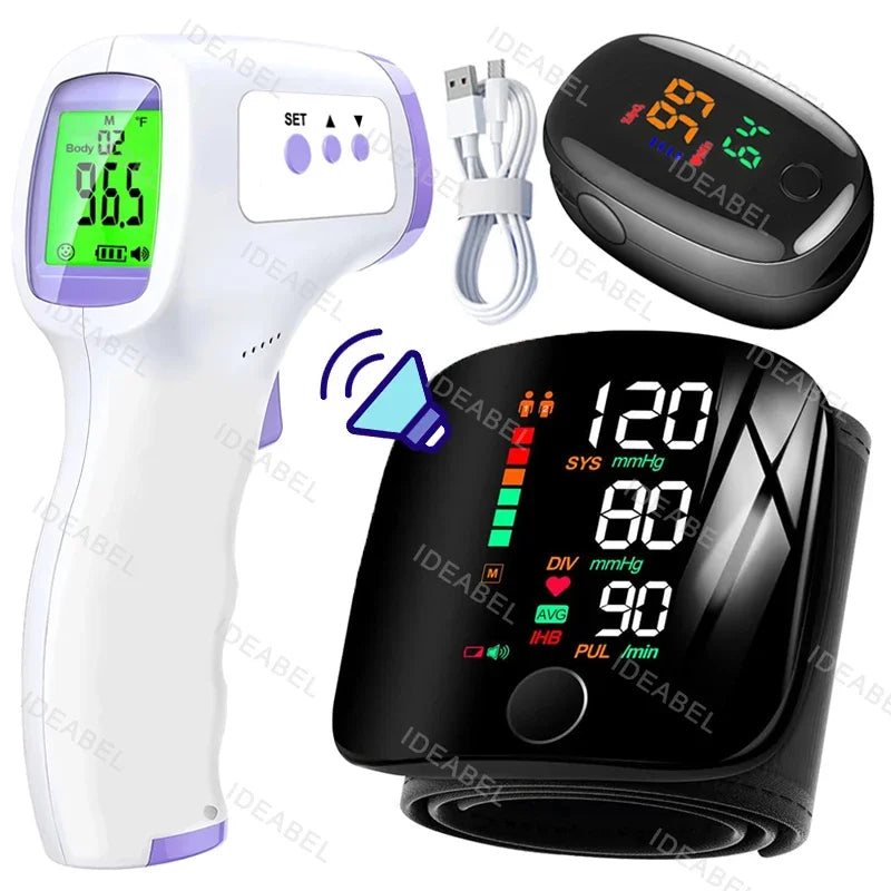 Wrist Blood Pressure Monitor LED Rechargeable English Voice Broadcast Tonometer BP Monitor Forehead Digital Thermometer