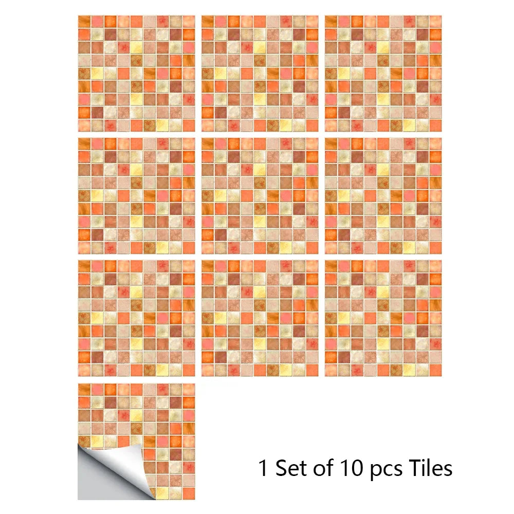 10pcs/set 10/15/20/30cm Flat Orange Marble Mosaic Hard Tiles Wall Sticker Kitchen Bathroom Home Decor Wallpaper PVC Art Mural