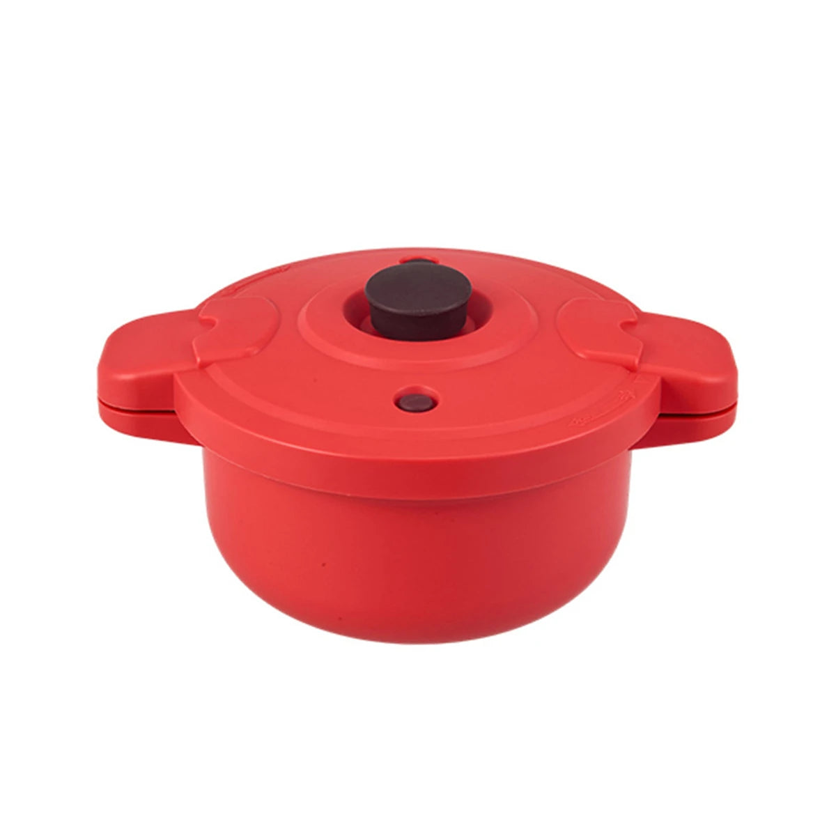 Red microwave pressure cooker pot with black lid knob and side handles