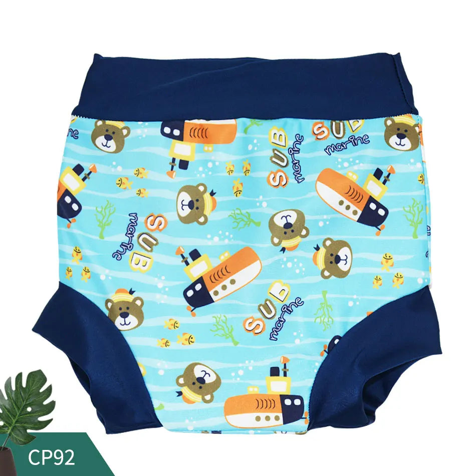 Reusable baby swim diaper featuring cute bear and submarine print, blue color scheme, model CP92.
