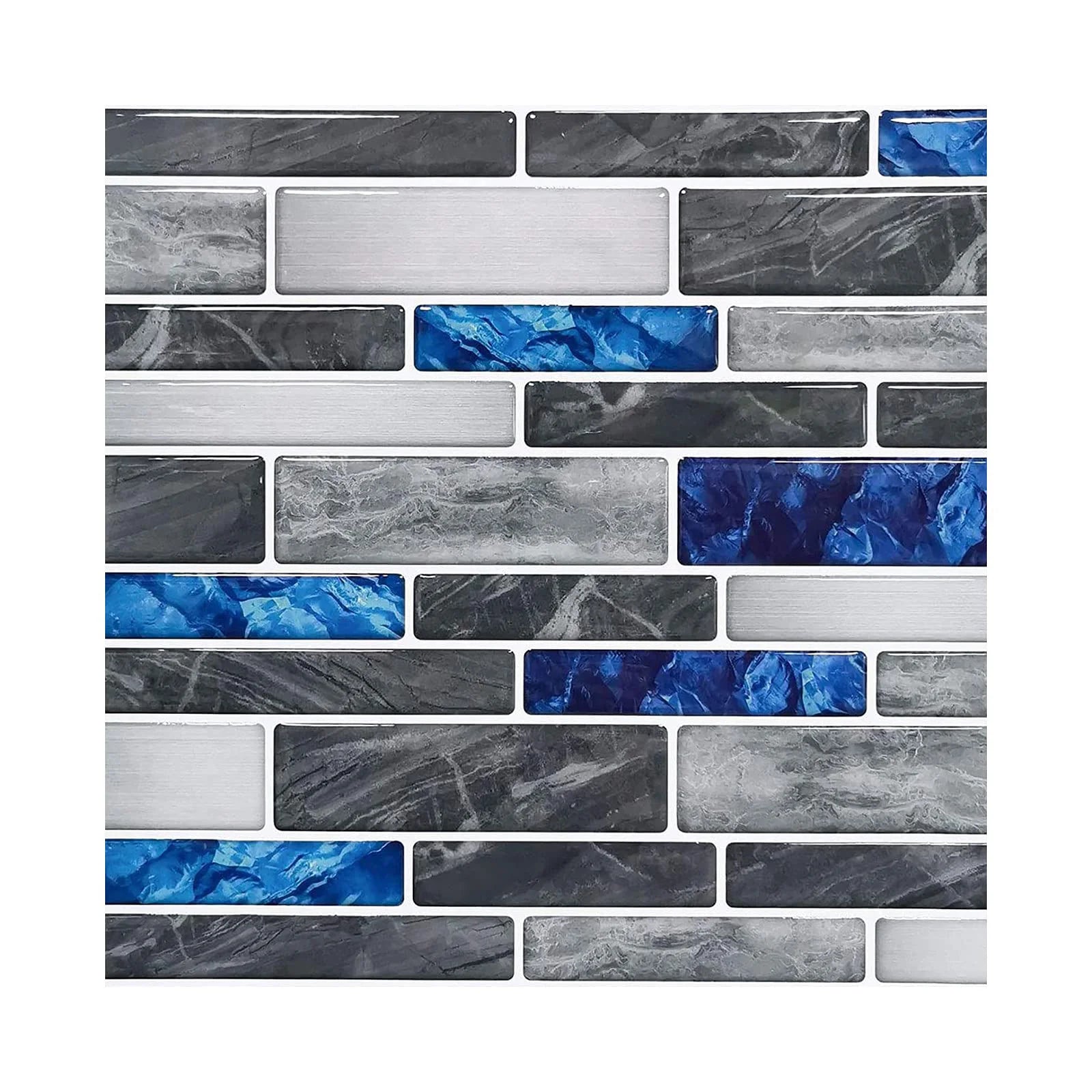 Self-adhesive 3D mosaic tile sticker sheet, blue and gray brick pattern, flat layout