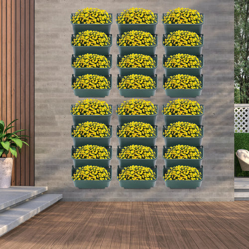 24-pack green wall planter boxes filled with yellow flowers for wall mounting