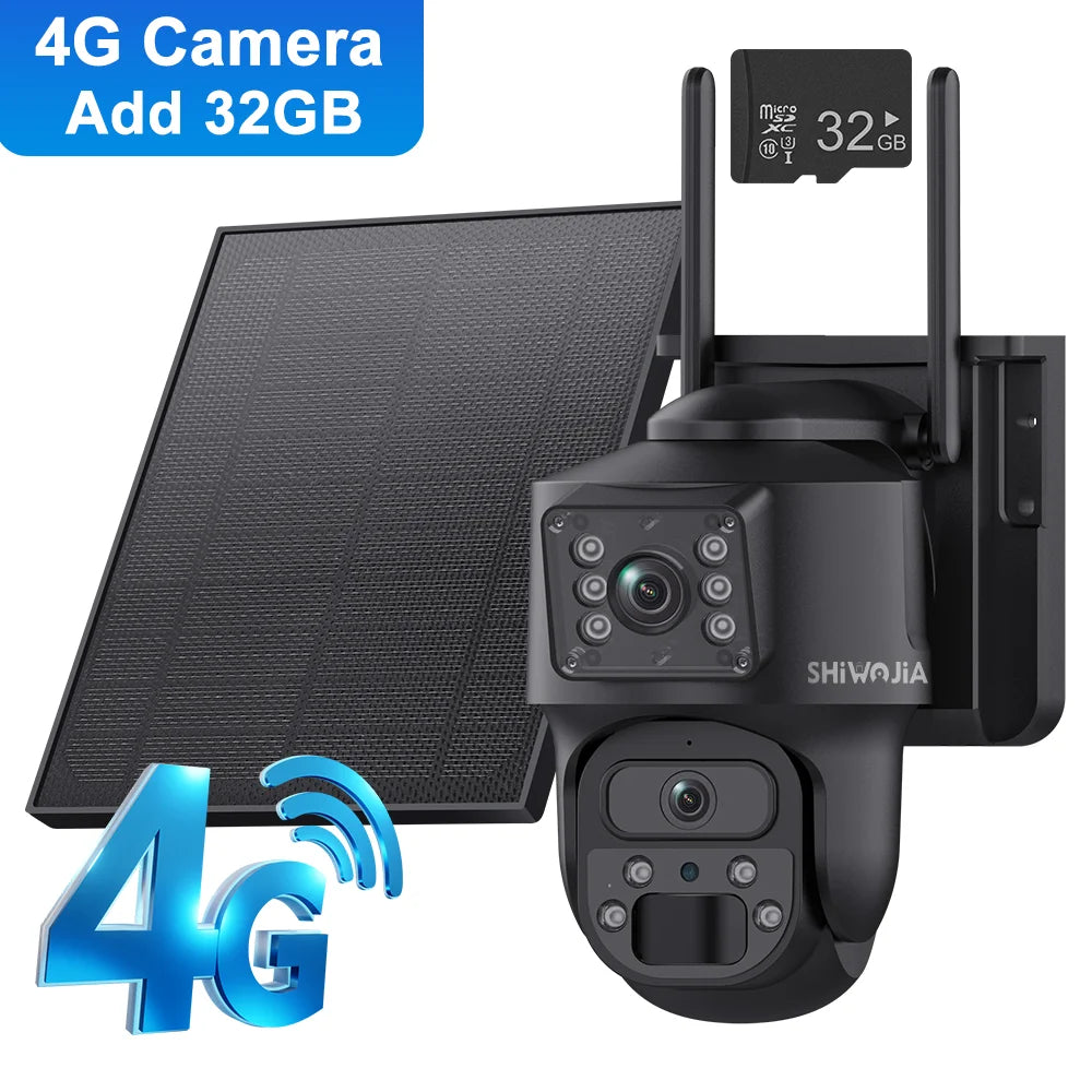 Black outdoor solar security camera with dual lenses and 4G connectivity