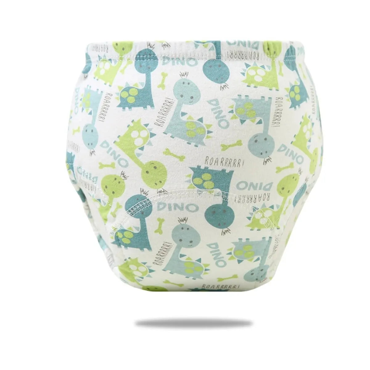 Training pants for babies with cute green dinosaur print pattern for potty training.