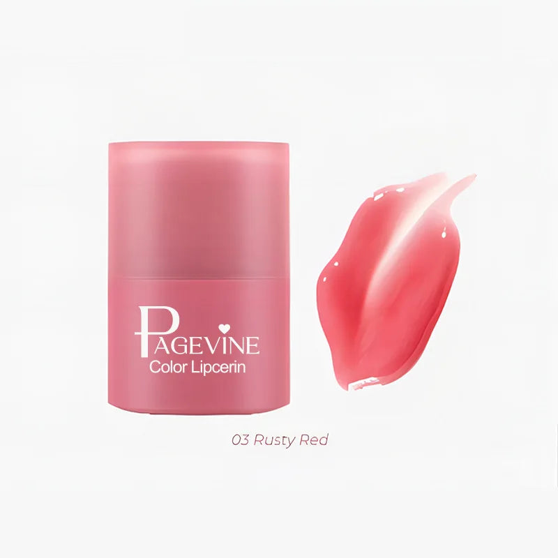 Hydrating twist-up lip balm in 03 Rusty Red with a glossy, non-sticky tinted texture and smooth finish.