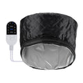 Black quilted electric hair steamer cap with 10-level heat control and timer for deep conditioning spa hair care.