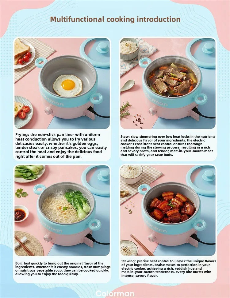 Teal and pink electric cooking pots with dual handles, meals shown in pot