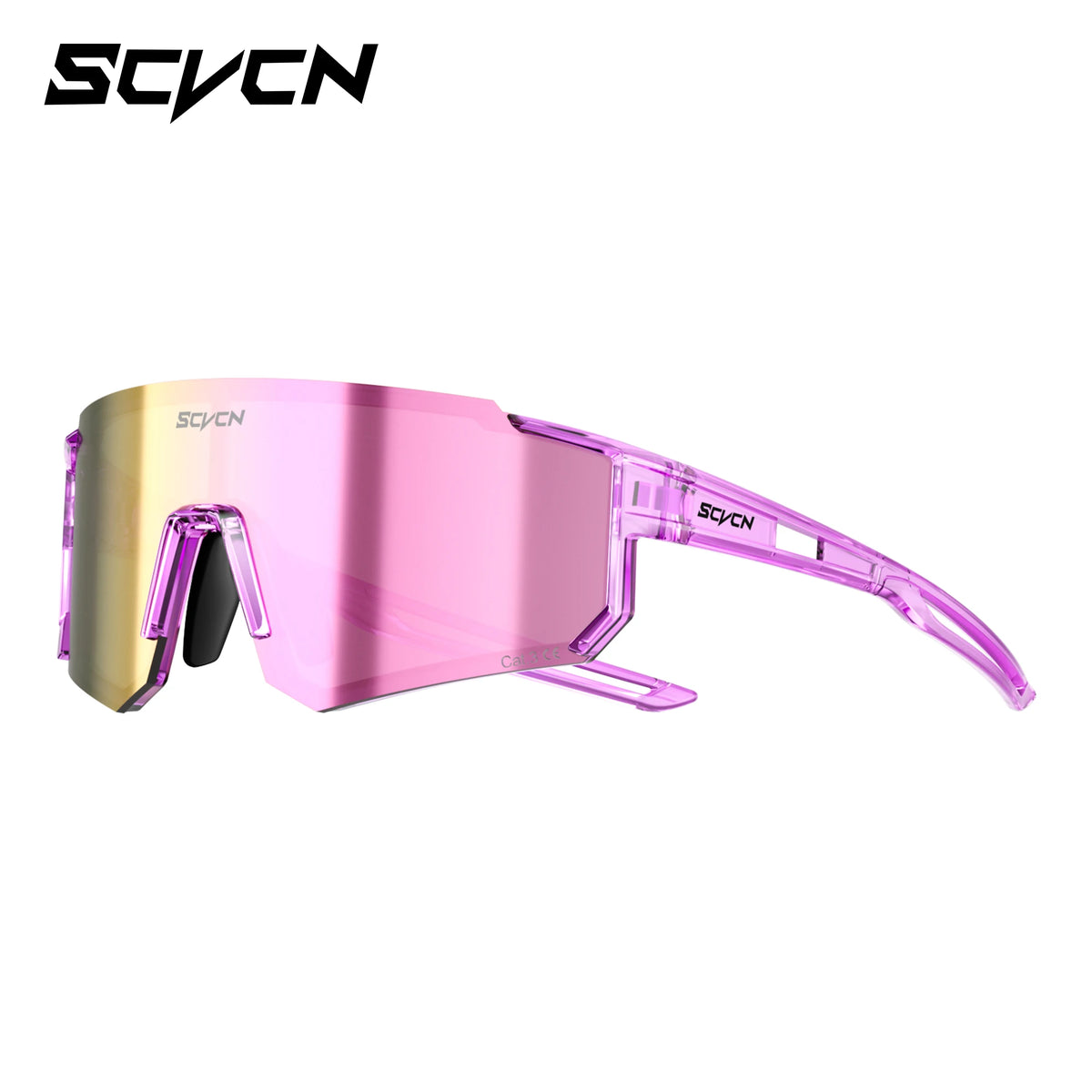 Sports sunglasses with purple frame and magenta mirrored lenses, vented shield