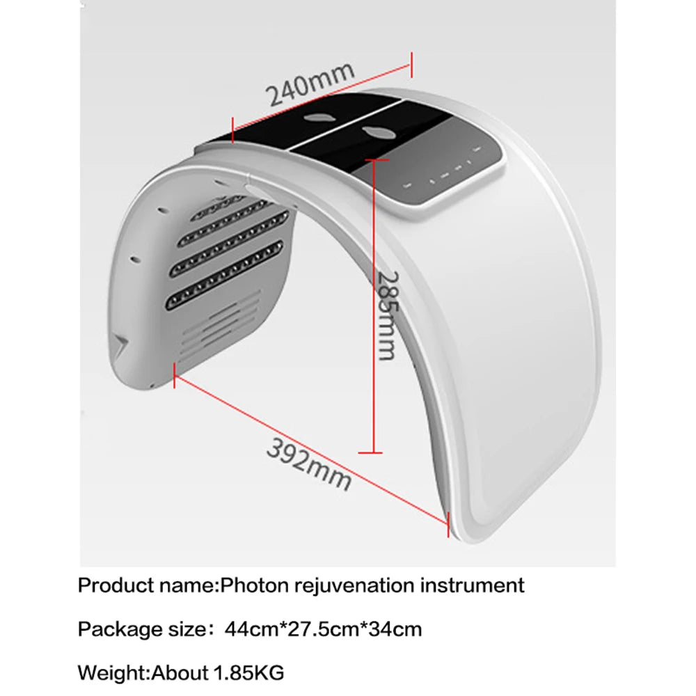 White arched LED photon skin rejuvenation device with control panel and internal light rows, showing dimensions.