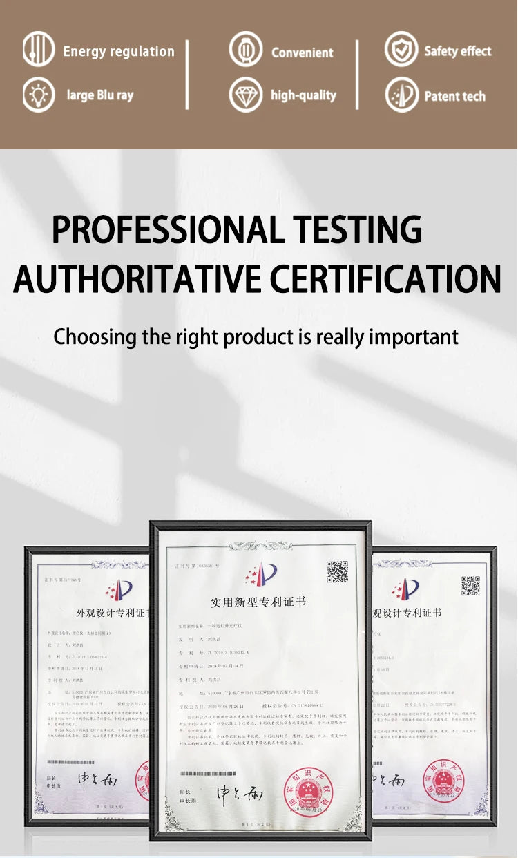 Three framed patent certificates displayed against a wall, verifying technical features and quality certifications.