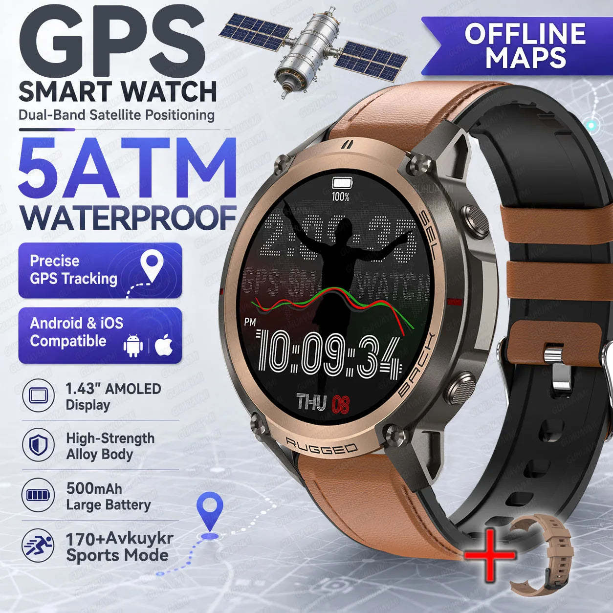 Round GPS smartwatch with brown leather strap and silver case; dark AMOLED display.
