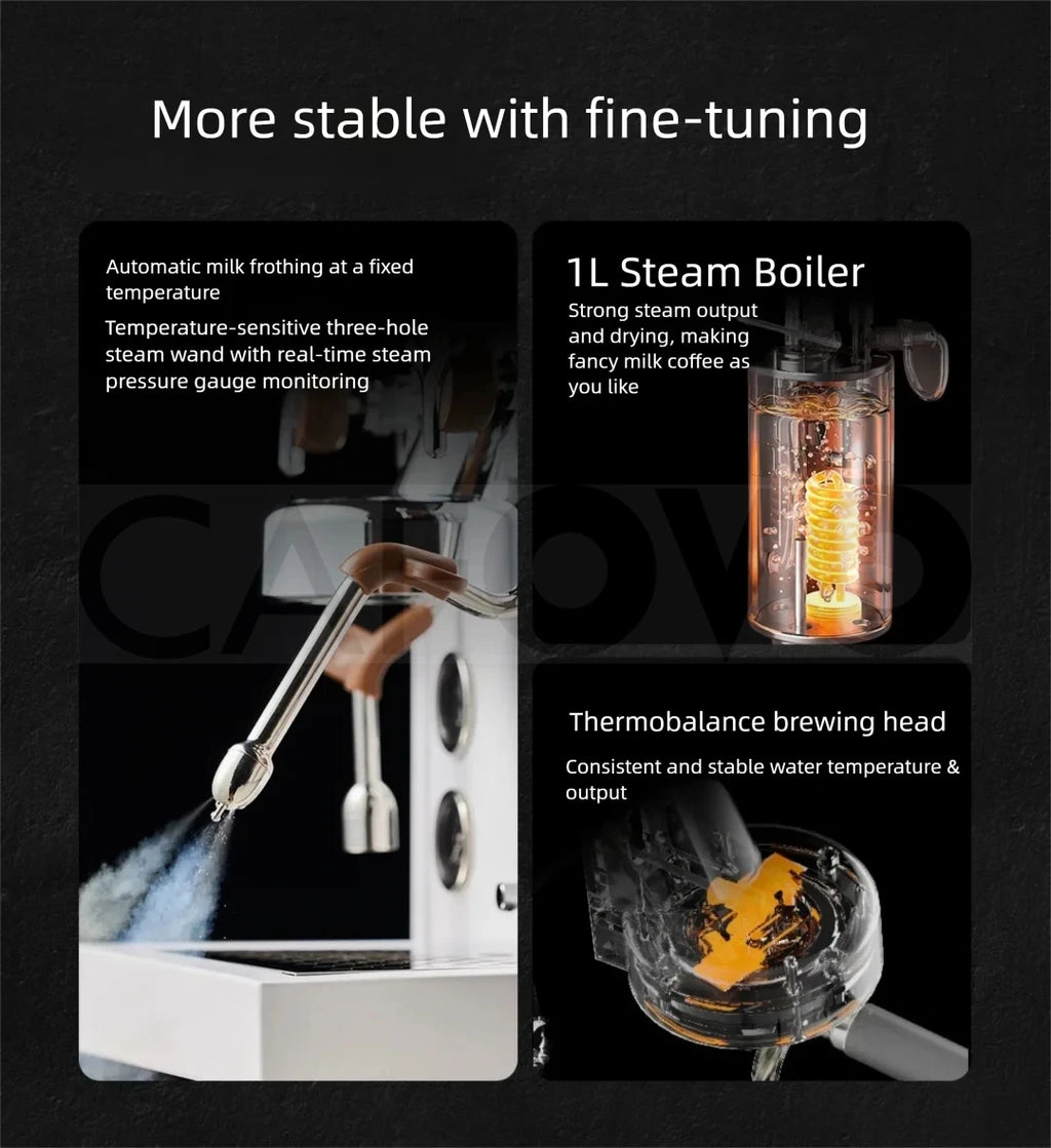 Carovd espresso machine features 1L steam boiler, three-hole steam wand, and thermobalance brewing head for stability.