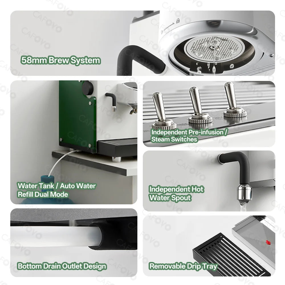 Cafoyo white and green espresso machine featuring a 58mm brew group, steam switches, hot water spout, and drain tray.