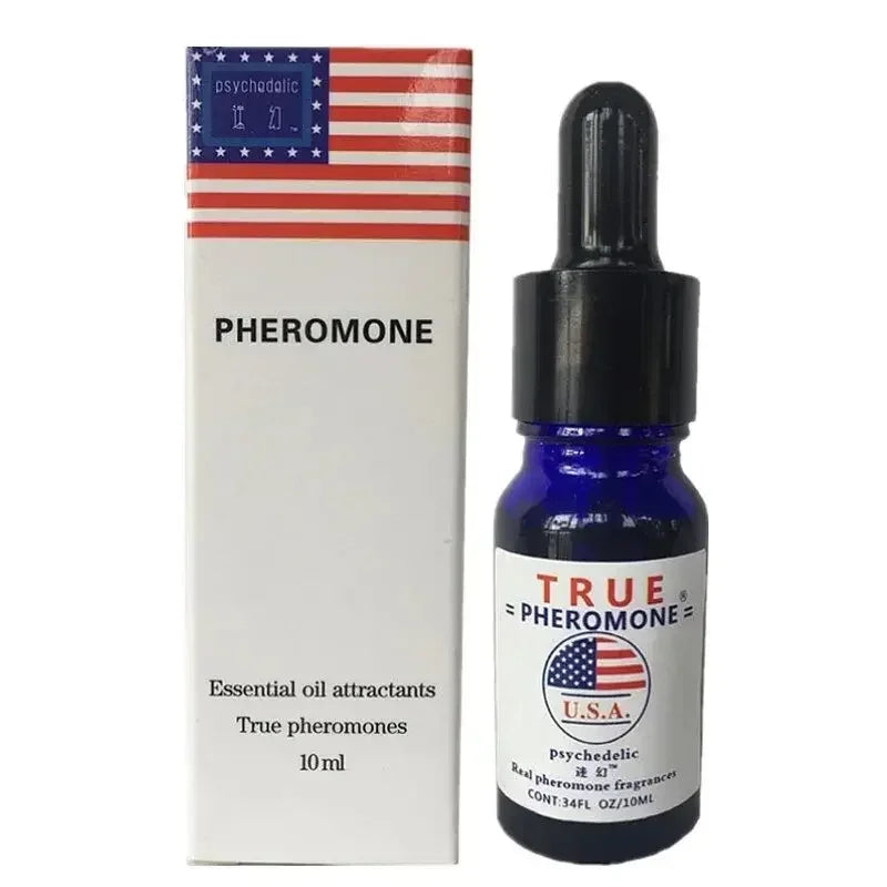 True Pheromone men's fragrance oil: 10ml blue glass dropper bottle, long-lasting attractant for date nights.