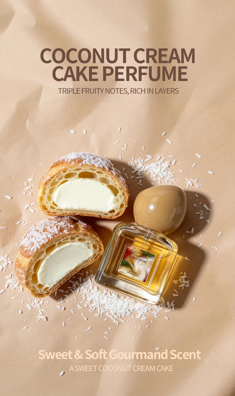 Coconut Cream Cake unisex gourmand perfume: square bottle with round cap, warm vanilla, caramel, and coconut scent.