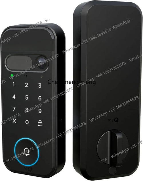 Black smart door lock keypad with fingerprint reader and blue illuminated ring