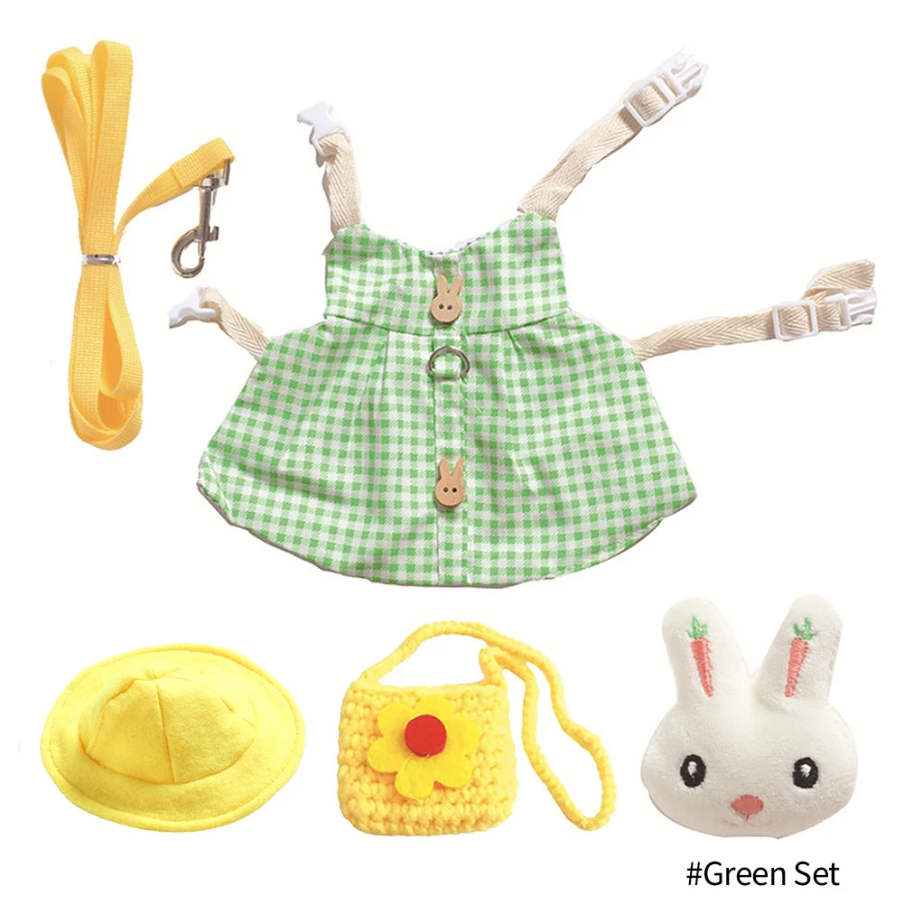 Green gingham rabbit harness and leash set with yellow hat, flower bag, and bunny toy for safe, cute outdoor walking.