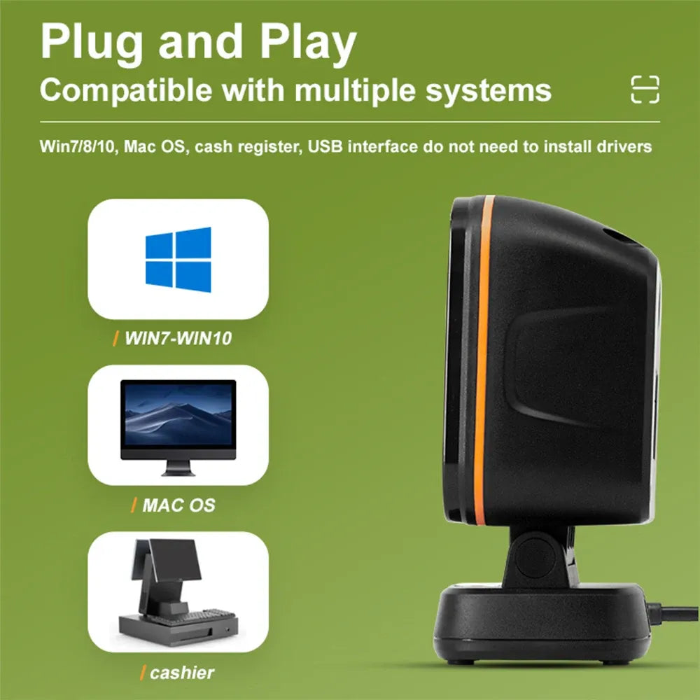 Desktop barcode scanner with USB plug-and-play compatibility and standing base