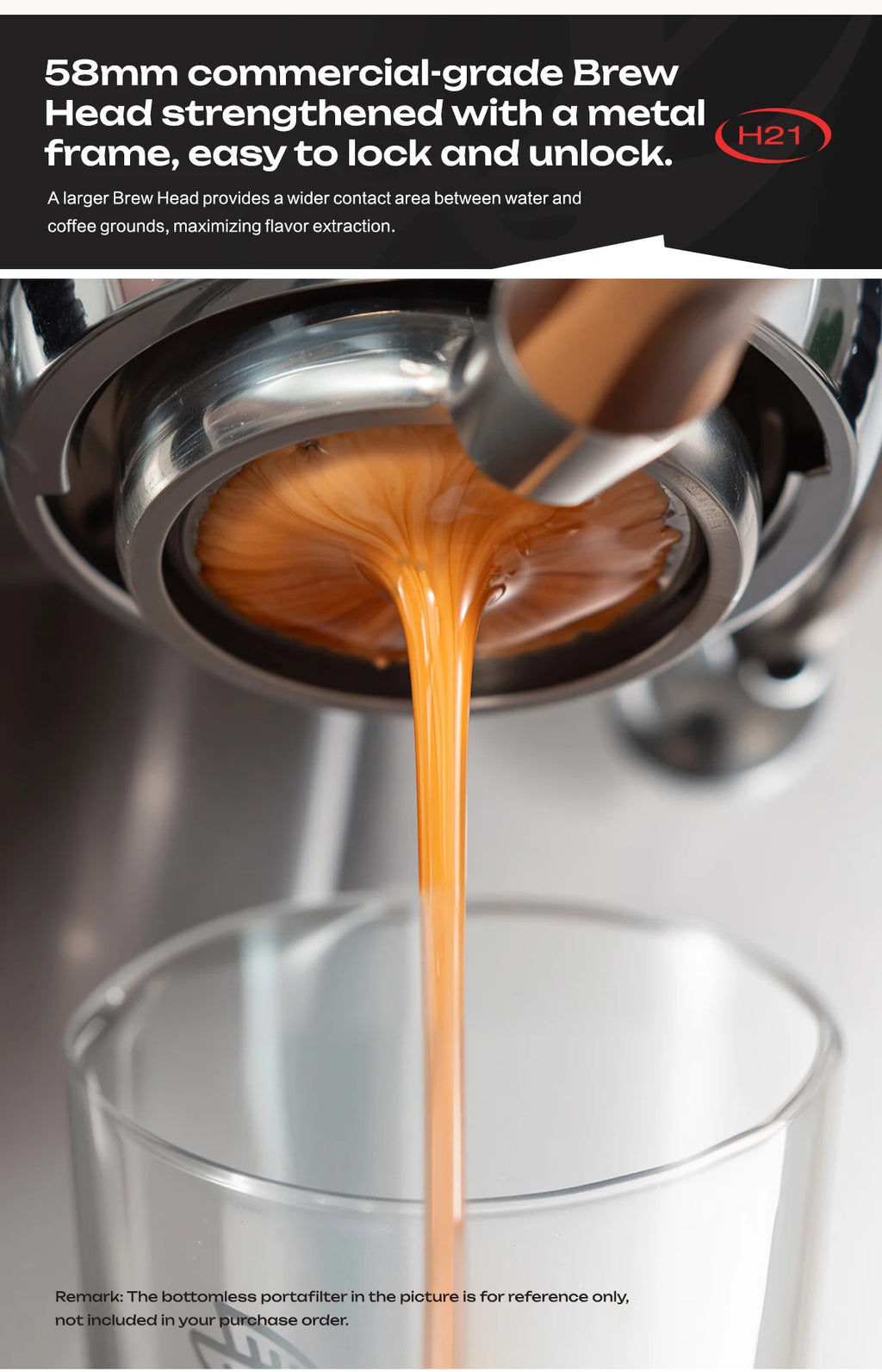H21 commercial 58mm metal espresso brew head pulling a fresh shot of coffee into a clear glass.