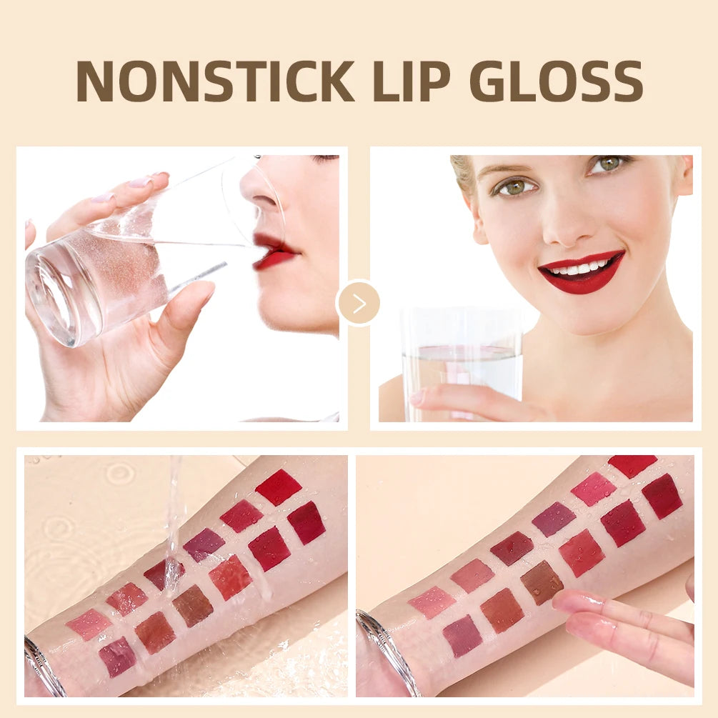 Long-lasting matte liquid lipstick swatches: waterproof, nonstick velvet red and nude lip stain makeup for long wear.