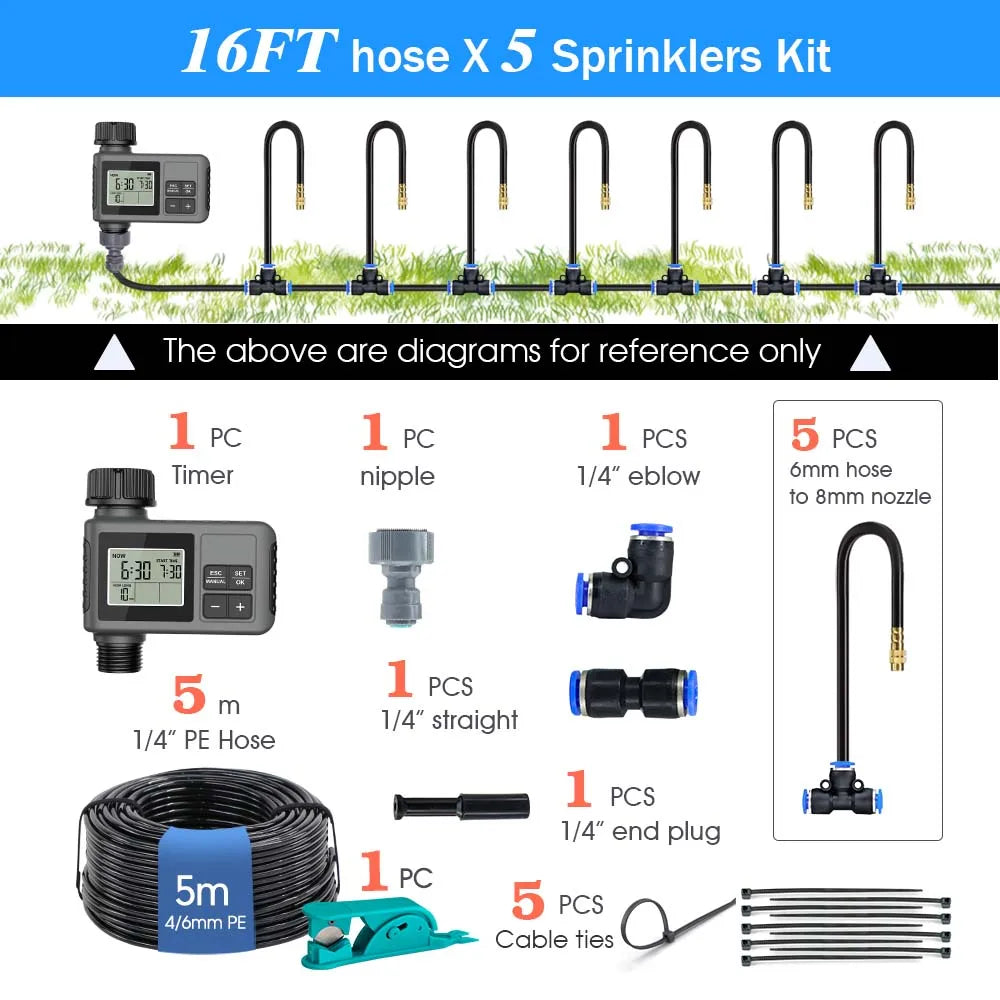 Automatic sprinkler timer irrigation kit with grey controller, tubing, 5 sprinkler heads