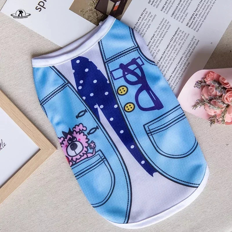 Cute blue cartoon puppy vest shirt for small dogs. Breathable summer pet clothing for Chihuahuas and cats.