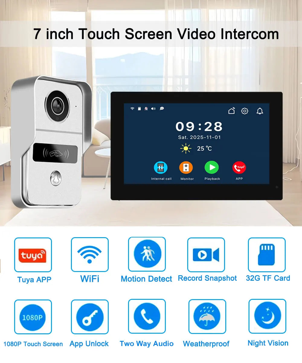 Tuya 7 inch LCD Wired Doorbell Wireless Wifi Smart Video Doorphone 2/3 Monitor HD 1080P Camera IC Card Unlock Intercom System