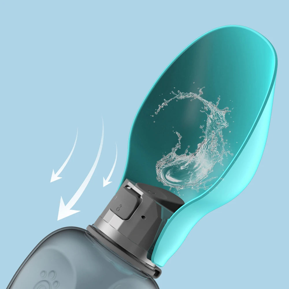 800ml portable teal dog water bottle for travel, leak-proof outdoor pet drinking feeder for dogs and cats.
