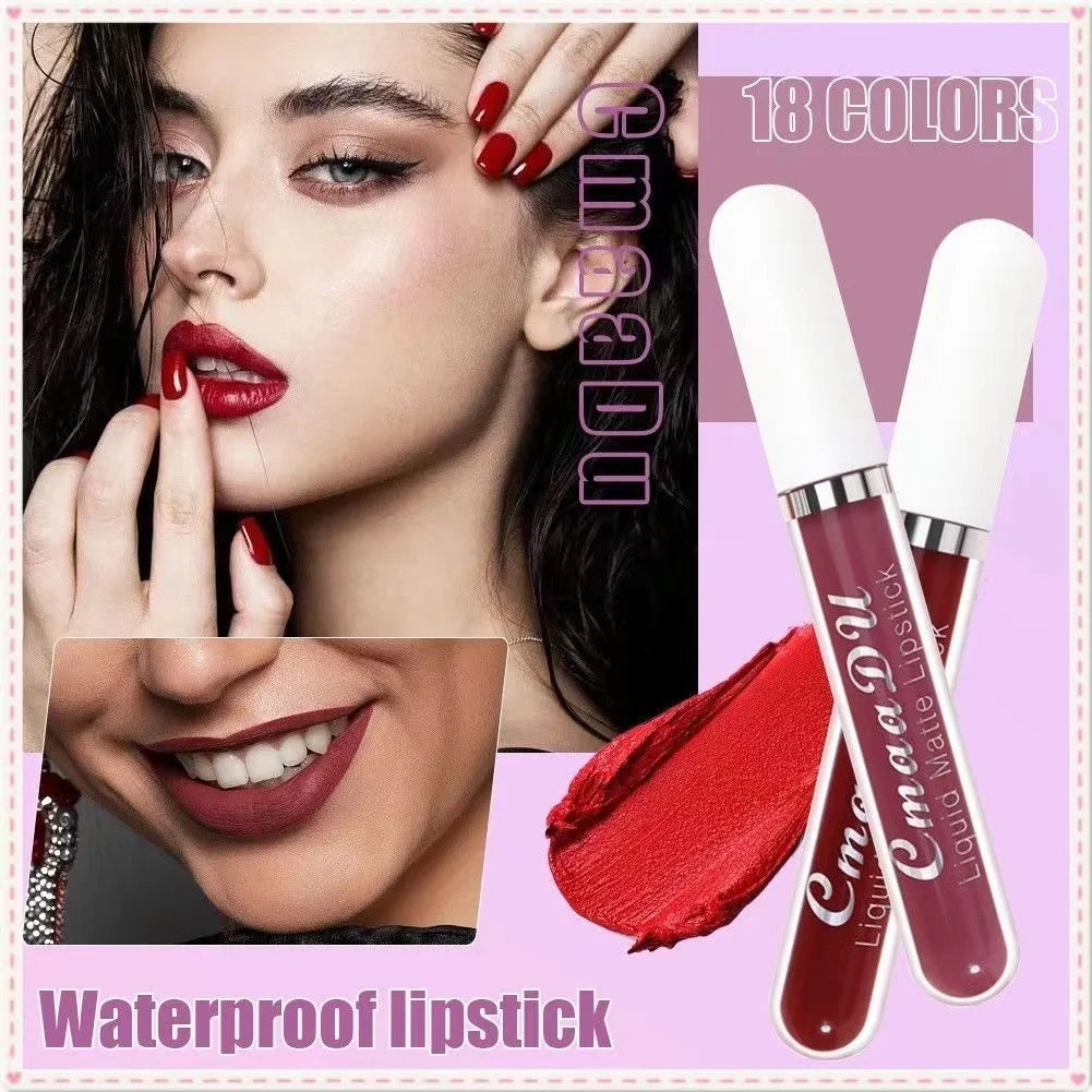 Long-lasting matte liquid lipstick in vibrant red, waterproof and non-stick formula for a smooth, bold finish.