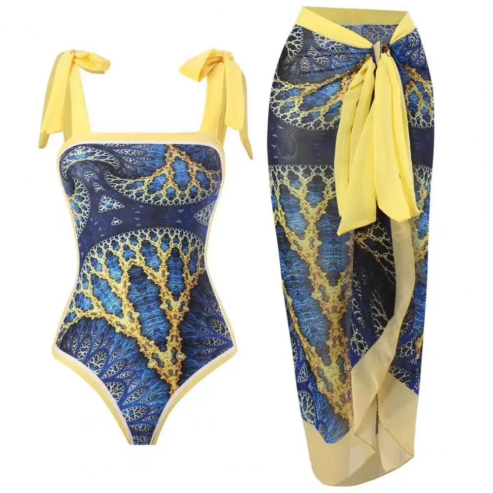 2Pcs/Set Women Monokini Suit Vintage Print One-Piece Square Neck Tie Swimsuit With Skirt Sling Lady Swimsuit With Beach Cover Up