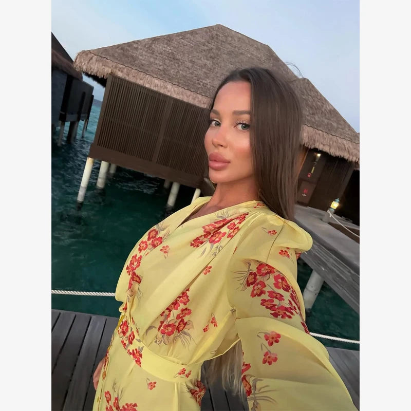 Fashion Sexy Organza Floral Printed Maxi Dress V-neck Puff Sleeve 2026 New Summer Romantic Women Party Gown Elegant Lady Vestido