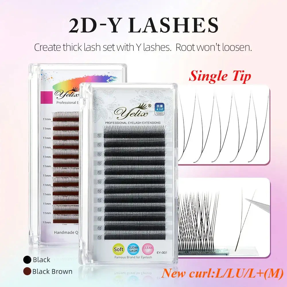 Yelix dark brown 2D Y-lash extensions in a professional tray, showcasing a lightweight, single-tip premade fan design.