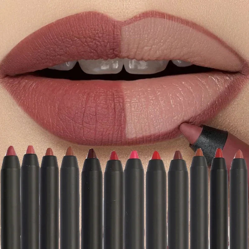 Matte nude brown lip liner pencil set for waterproof, long-lasting, smooth application on lips.