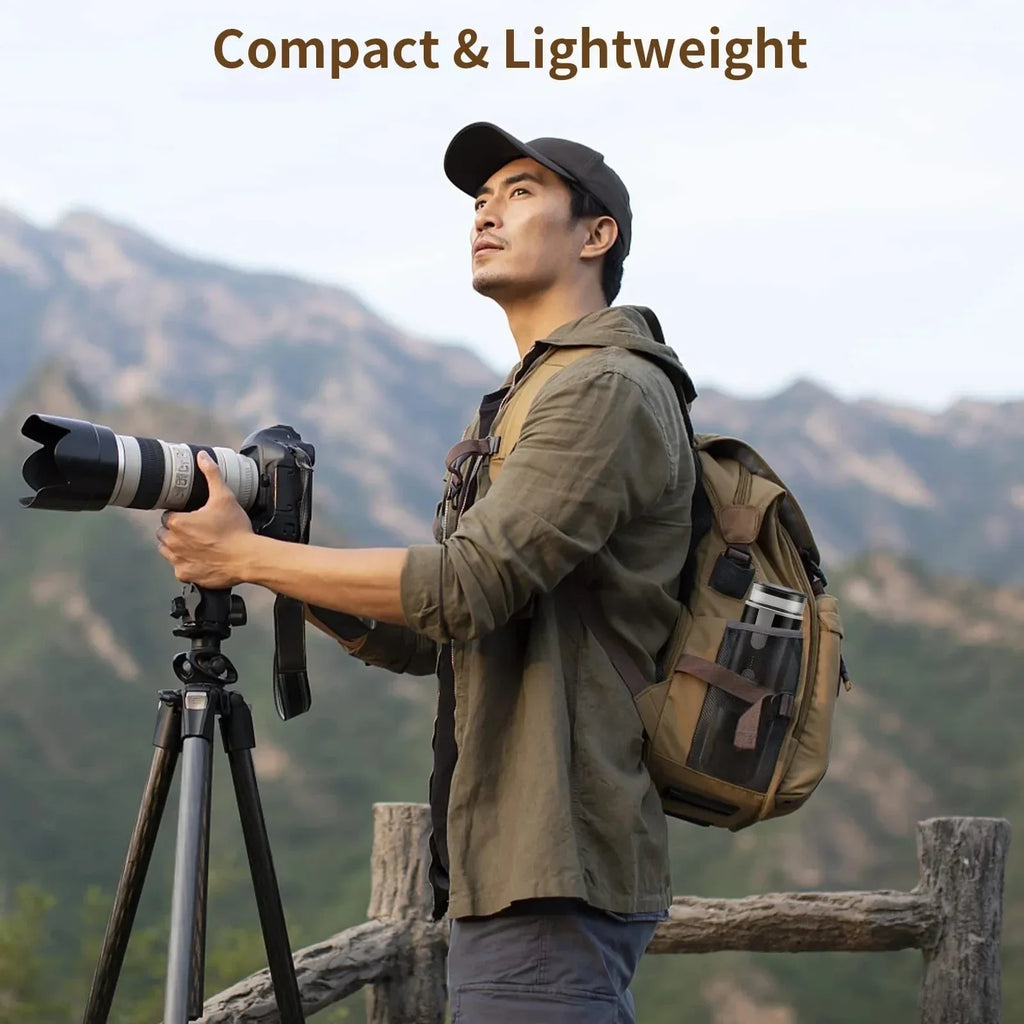 Compact, lightweight black travel coffee maker in a backpack side pocket, ideal for outdoor photography trips.