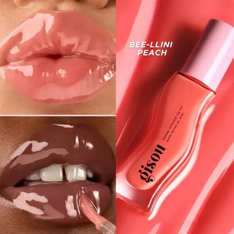 Gisou Honey Infused Lip Oil in Bee-Llini Peach and Glazed Plum, featuring high-shine, plumping lip gloss texture.